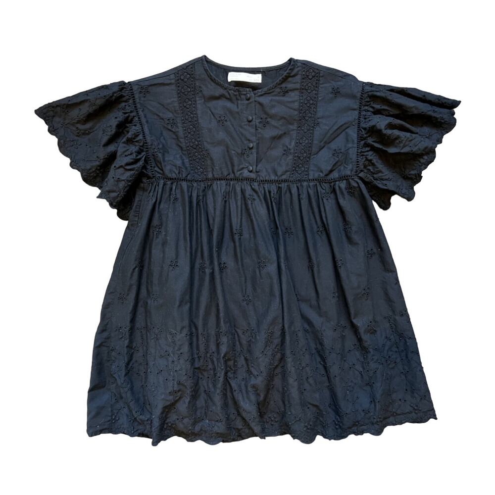 Zara Black Eyelet Dress with Ruffle Sleeves - Lined